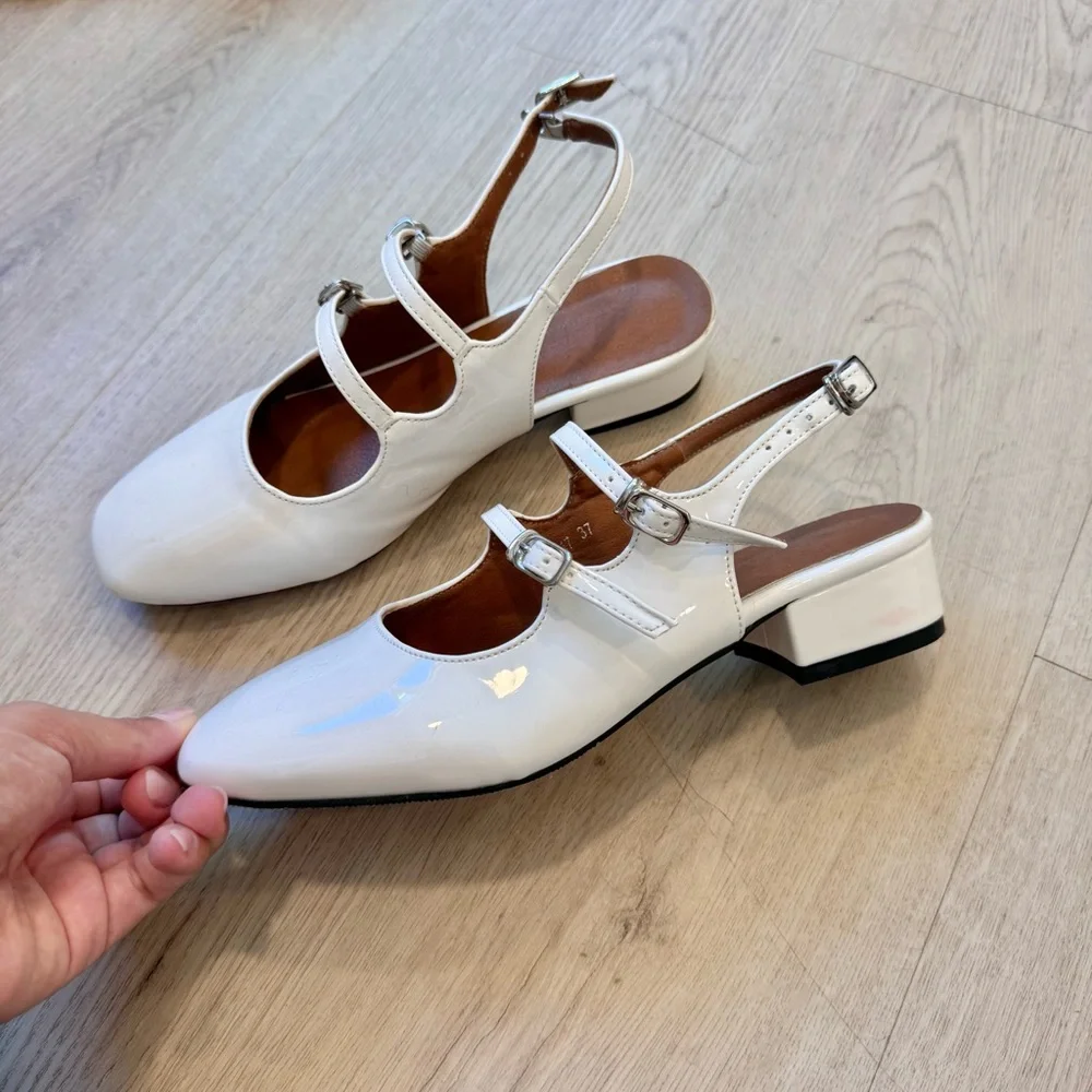 White Slick Shiny Mary Jane Buckle Two Strap Block Low Heel - Picture 3 of 6